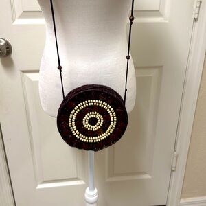 New women wooden beaded hand made crochet cross bag in brown & white color #507
